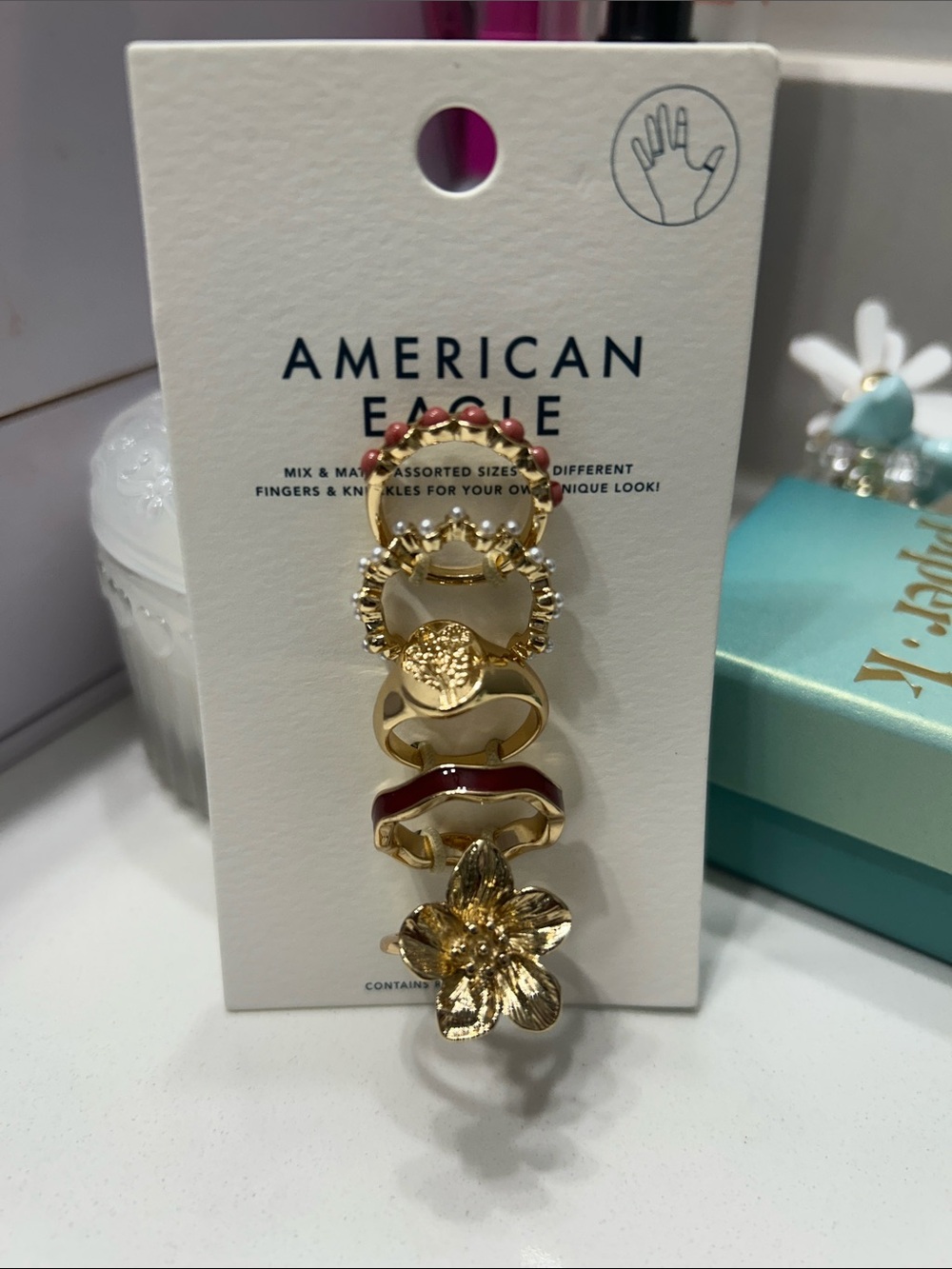 American Eagle Outfitters Blue Enamel & Gold Chevron Stack Ring Set